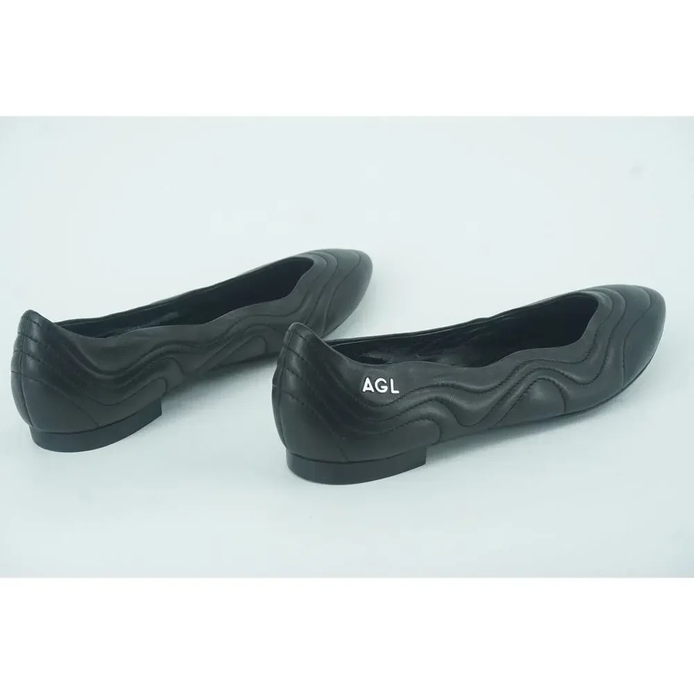 AGL Black Leather Miledy AlmondToe Quilted Ballet Flat SZ 39.5 New $380